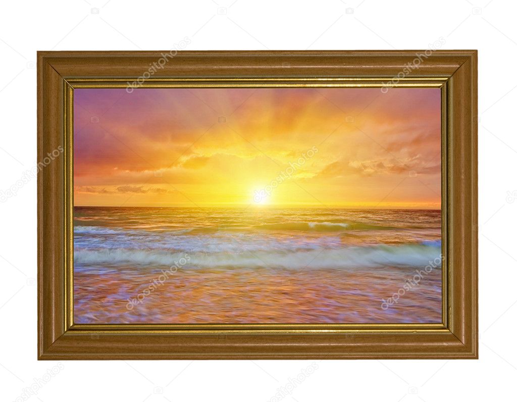 Bright sunset above sea in wood frame