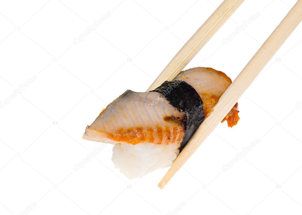 Chopsticks and sushi with eel