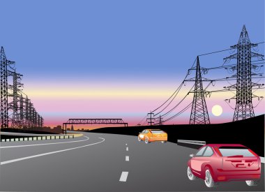 cars on road near electrical line clipart