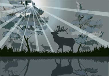 deer silhouettes near forest river clipart