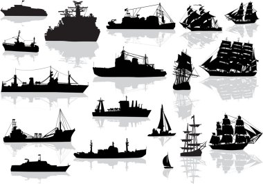 set of different black ships isolated on white clipart