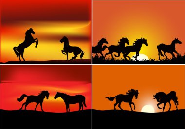 four compositions with horses at sunset clipart