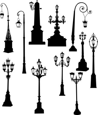 set of eleven street lamps clipart