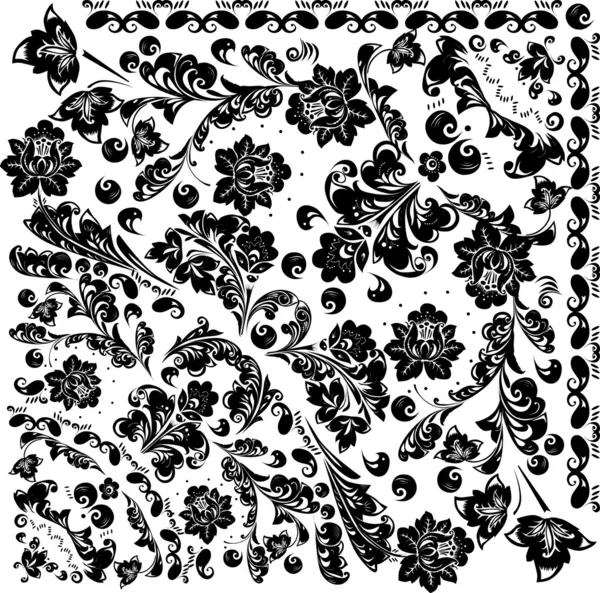 Negro complicada decoración floral — Vector de stock