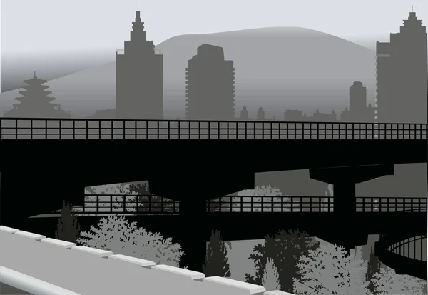 Bridge in grey city near mountain — Stock Vector
