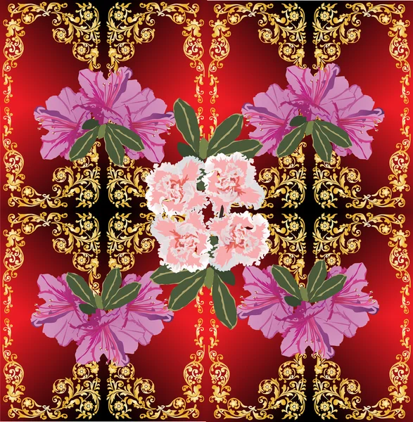 Χρυσή διακόσμηση με ροζ λουλούδια στο κόκκινο — Διανυσματικό Αρχείο