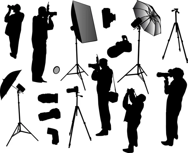 Conjunto de fotógrafos e equipamentos —  Vetores de Stock