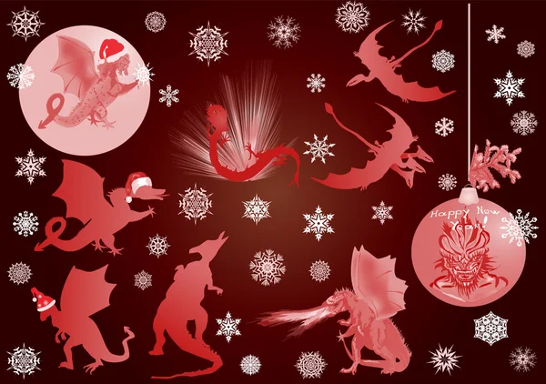 Rote Silvester-Illustration mit Drachen — Stockvektor