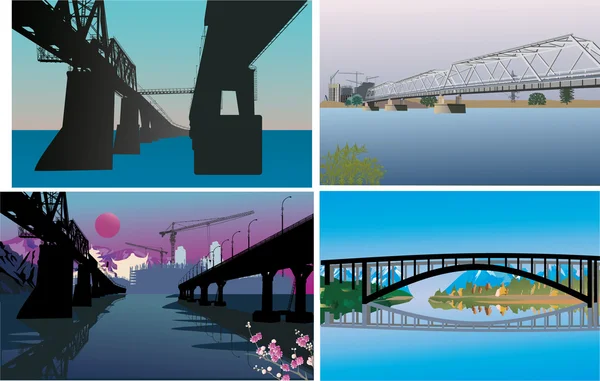 Four landscapes with bridge across river — Stock Vector