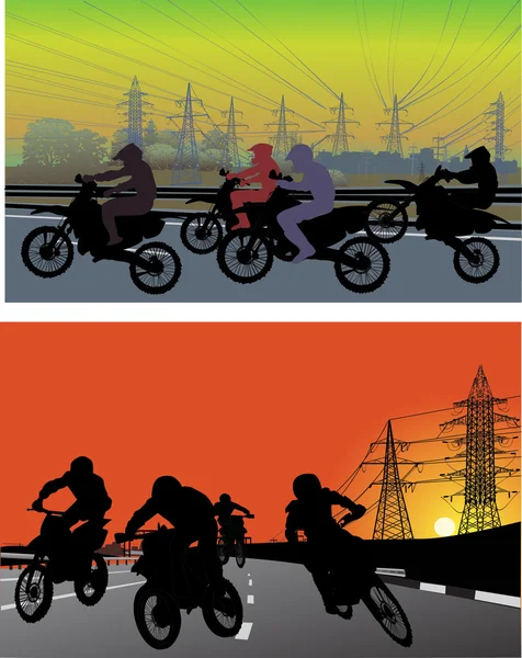 Straßen und Silhouetten von Männern auf Motorrädern — Stockvektor