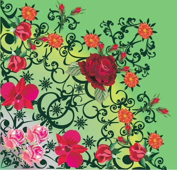Ros och orkidé blommor hörnet dekoration — Stock vektor