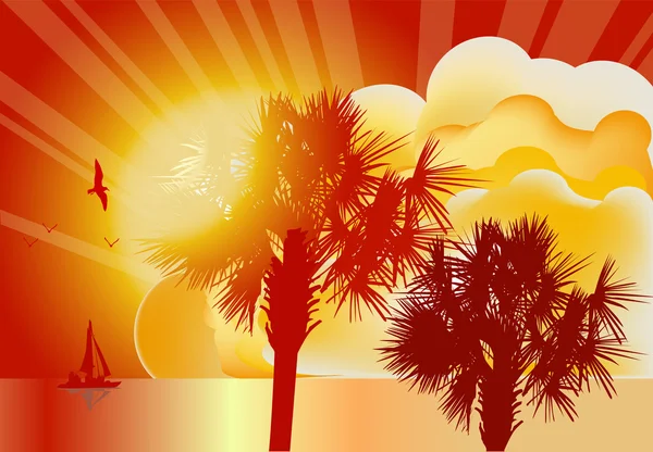 Palmiye ağaçları ve gün batımında küçük gemi — Stok Vektör