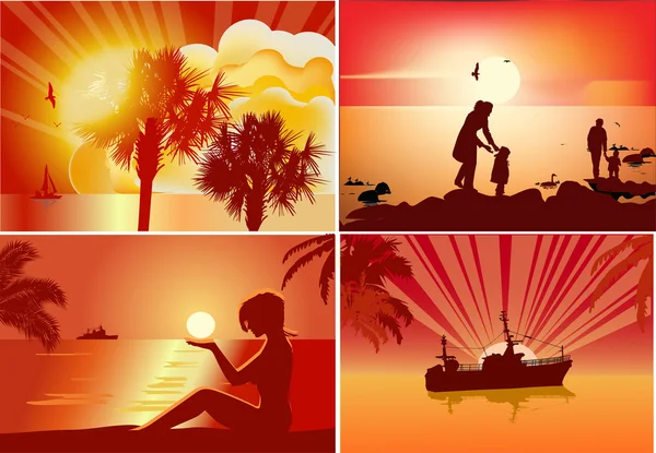 Vier oranje zomer zonsondergang composities — Stockvector