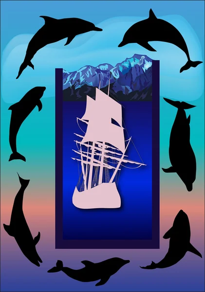 Sailer och delfiner sammansättning — Stock vektor