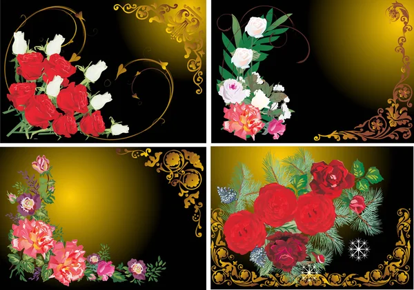 Cuatro decoraciones de rosas sobre fondo oscuro — Archivo Imágenes Vectoriales