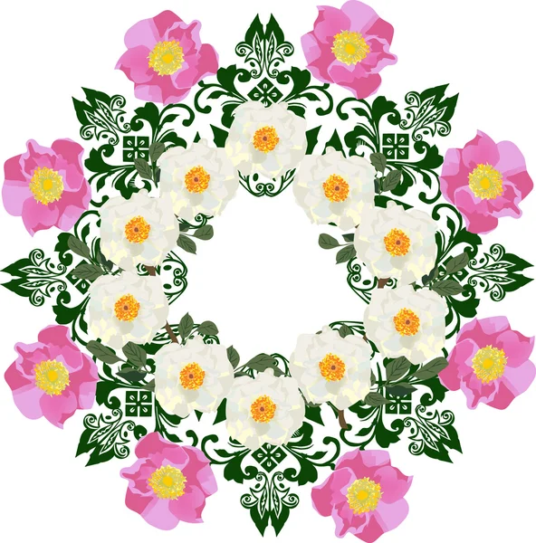 Roze en witte brier bloemen ronde ontwerp — Stockvector