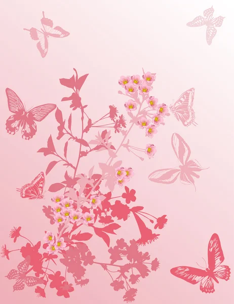 Вишневые цветы и бабочки на розовом — стоковый вектор