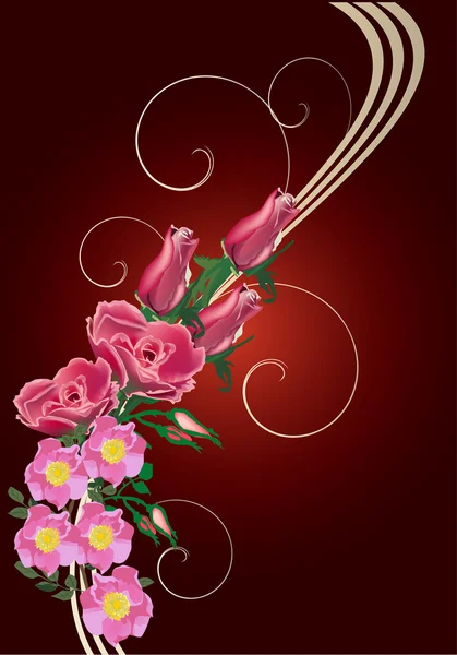 Rosa roja y briera ola de flores — Vector de stock