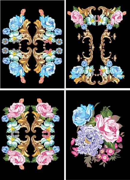 Cuatro diseños de flores azules en negro — Vector de stock