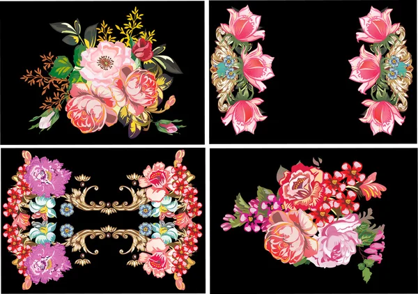 Четыре красных и розовых цветочных украшения на черном — стоковый вектор
