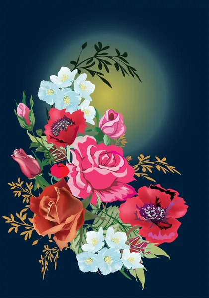 Klaproos, rose en jasmijn flowes decoratie — Stockvector
