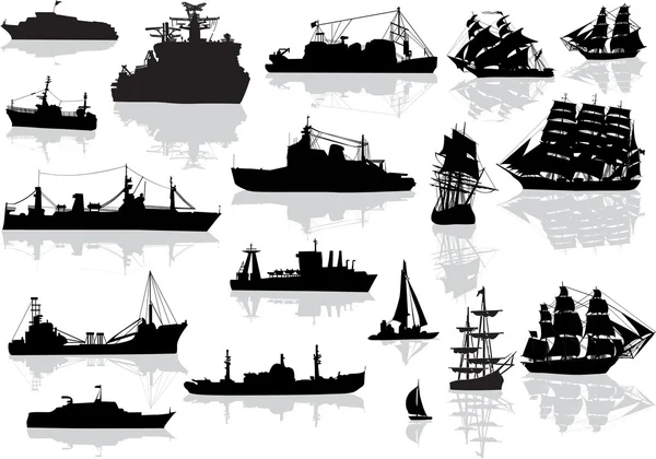 Σύνολο διαφορετικά μαύρο πλοία που απομονώνονται σε λευκό — Διανυσματικό Αρχείο