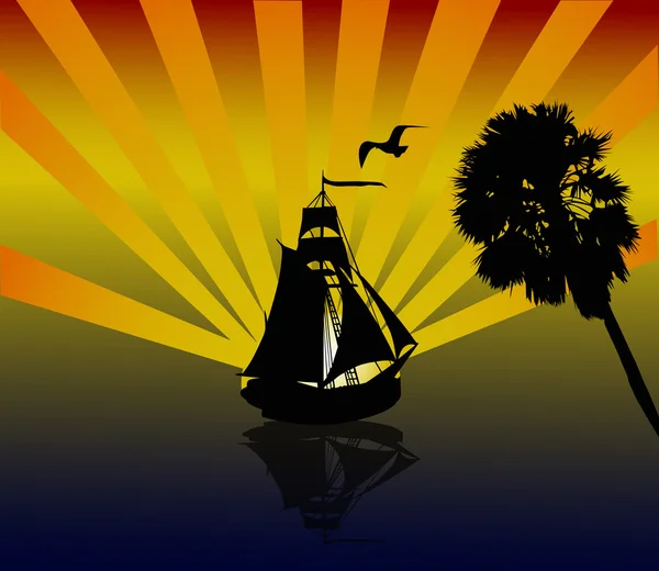 Palmier, bateau et coucher de soleil — Image vectorielle