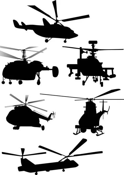 Six helicopter silhouettes on white — Stock Vector