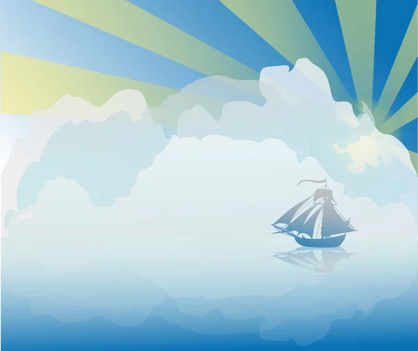 Paesaggio nuvoloso blu e riflesso della nave — Vettoriale Stock