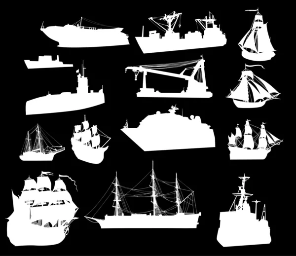 Beyaz gemi siluetleri büyük set — Stok Vektör