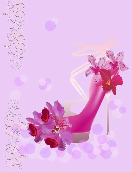 Orchid flowers and shoe on pink background — Stock Vector
