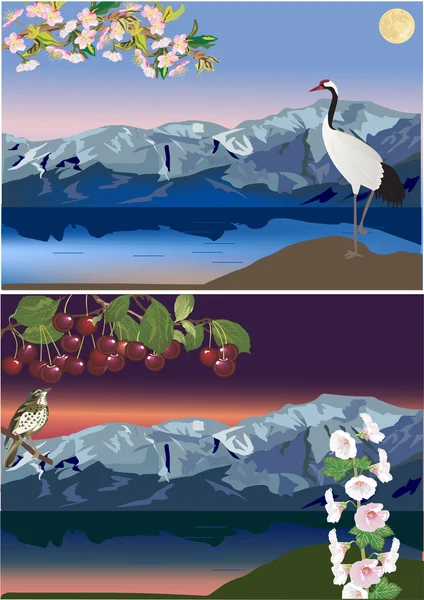 Compositions with birds near mountain lakes — Stock Vector