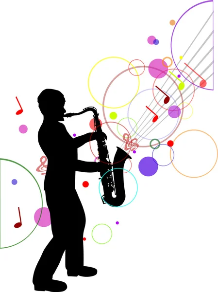 Saxofonista siluetu na pozadí hudby — Stockový vektor