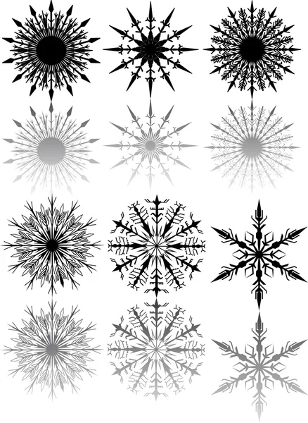 Шесть черных снежинок с отражением — стоковый вектор