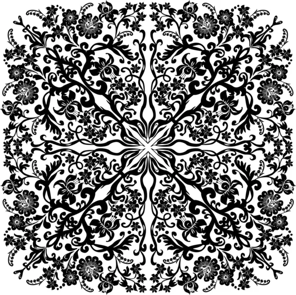 Quadratische Lockenmuster mit schwarzen Blüten — Stockvektor