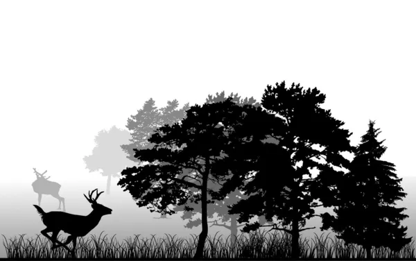 树木和正在运行的鹿剪影 — 图库矢量图片
