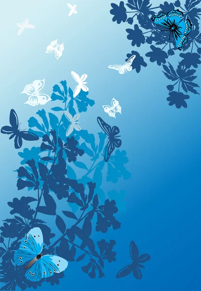 Blue background with flowers and butterflies — Stock Vector