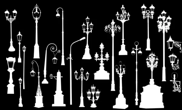 Двадцать пять белых уличных фонарей — стоковый вектор