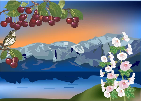 Oiseau sur branche de cerisier et paysage de montagne — Image vectorielle