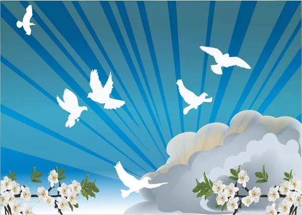 Bulut gökyüzü ve çiçek dallarındaki güvercinler — Stok Vektör