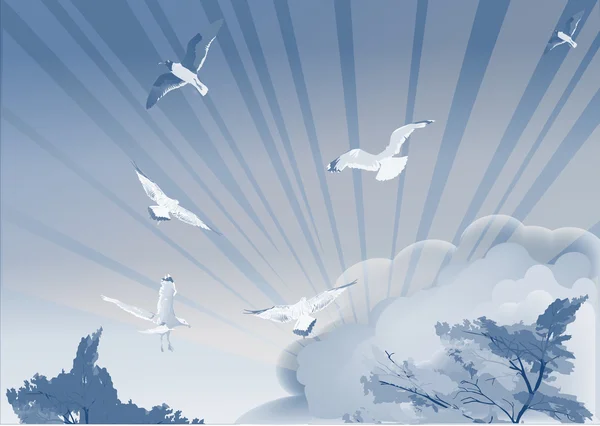 Ilustração azul com gaivotas e árvores — Vetor de Stock