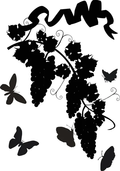 Grapes and butterflies silhouettes on white — Stock Vector
