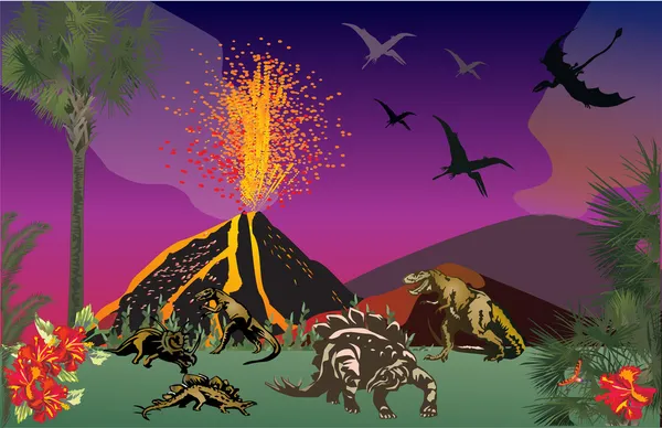 Dinossauros na floresta perto do vulcão — Vetor de Stock