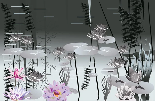 Lac avec des fleurs de nénuphar illustration — Image vectorielle