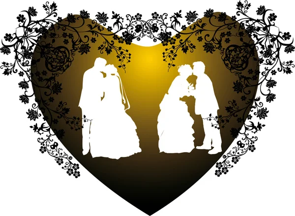 Iki düğün çiftler siluet kalp şekli çerçevesinde — Stok Vektör