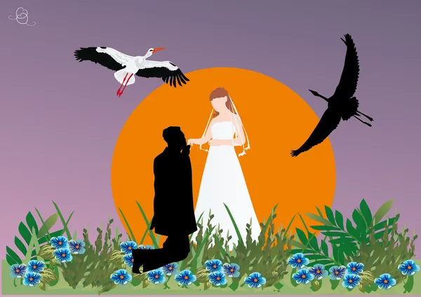 Bröllop par silhuett och storkar — Stock vektor