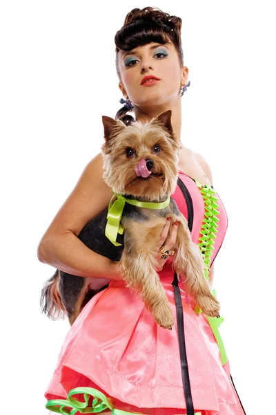 Pin up ragazza con un cane — Foto Stock