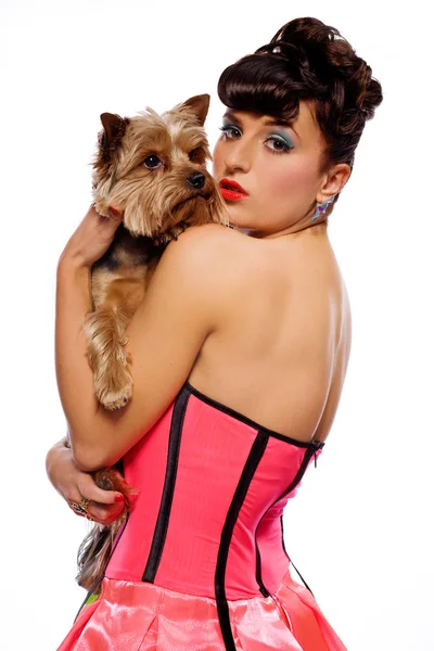 Pin up girl with a dog — Stock Photo, Image