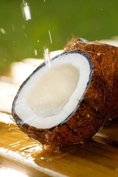 Coco com água salpicante — Fotografia de Stock