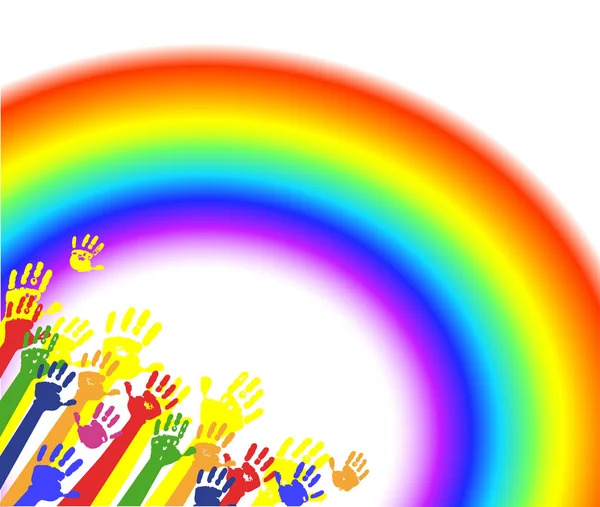 Mãos de cor palmas com fundo arco-íris — Vetor de Stock